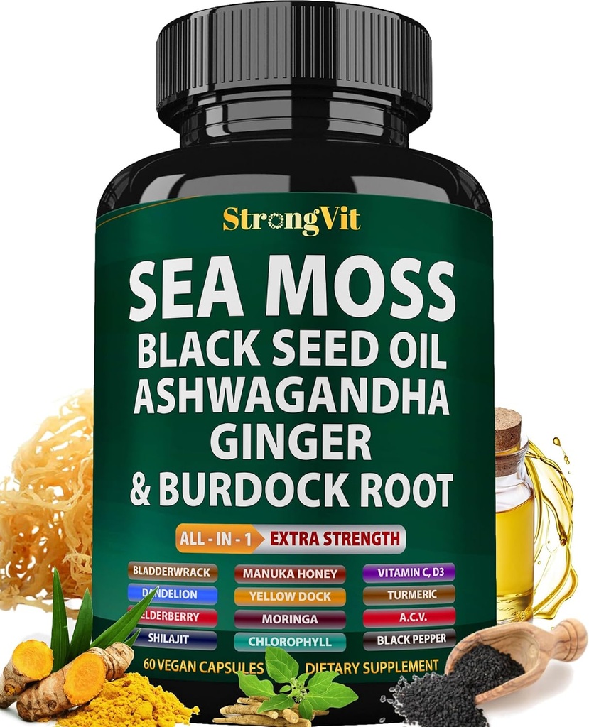 Sea Moss Black Seed Oil Ashwagandha Ginger, Βιολογικές κάψουλες Moss με Burdock Root, Irish Seamoss Pills με Bladderwrack, Advanced Multimineral Supplement, ΗΠΑ