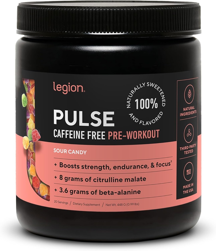 LEGION Pulse Pre workout Supplement - Όλα τα φυσικά Nitric Oxide Preworkout Ποτό για την ενίσχυση της ενέργειας, Createine Δωρεάν, φυσικά γλυκαντικά, Beta Alanine, Citrulline, Alpha GPC (Caffeine Free Sour Candy)