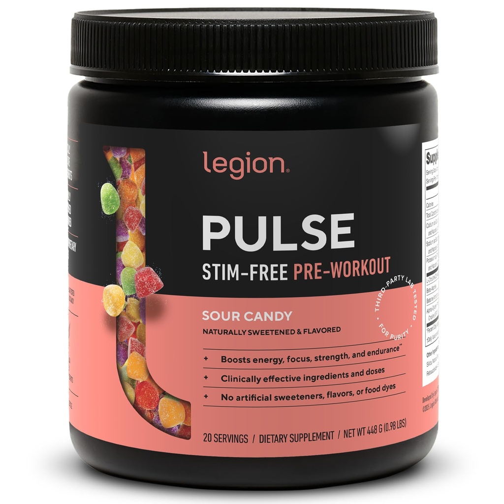 LEGION Pulse Pre workout Supplement - Όλα τα φυσικά Nitric Oxide Preworkout Ποτό για την ενίσχυση της ενέργειας, Createine Δωρεάν, φυσικά γλυκαντικά, Beta Alanine, Citrulline, Alpha GPC (Caffeine Free Sour Candy)