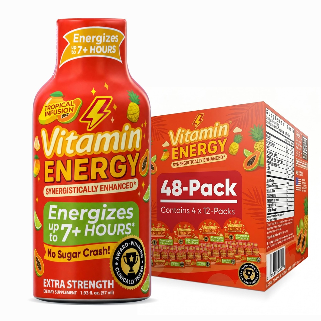 Vitamin Energy Focus+ Extra Strength Energy Shot Tropical Infusion 48 Pack, 260mg Natural Caffeine, B-Vitamins, CoQ10, Amino Acids, Focus, Productivity & Clarity, Zero Sugar, Gluten-free, 1.93 fl oz