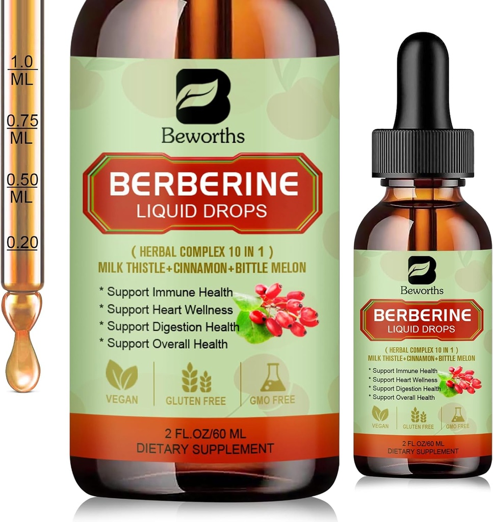 Berberine HCL Supplement with Ceylon Cinnamon - Liposomal Berberine Phytosome Liquid Drops with Turmeric, Ceylon Cinnamon, Bitter Melon, Milk Thistle, AMPK Activator for Digestion Support