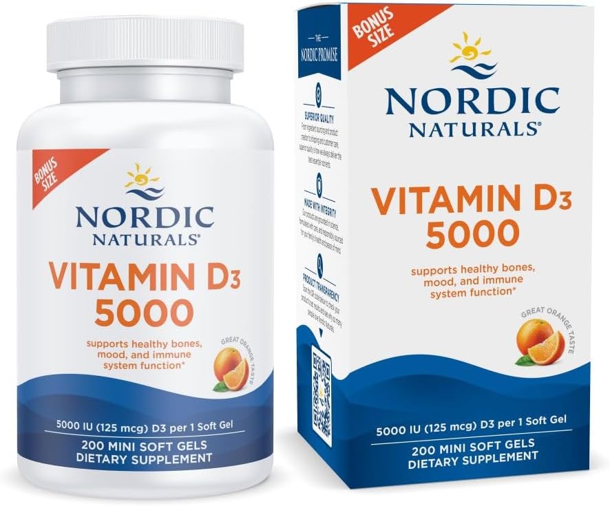 Nordic Naturals Βιταμίνη D3 5000, Πορτοκαλί - 200 Mini Soft Gels - Υποστήριξη για υγιή οστά, Mood, & ανοσοποιητικό σύστημα - Χορτοφαγικά - Μη-GMO - 200 Υπηρεσίες