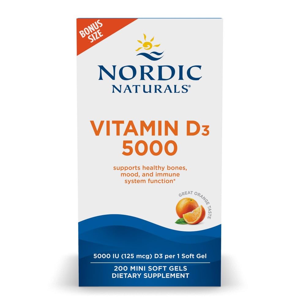 Nordic Naturals Βιταμίνη D3 5000, Πορτοκαλί - 200 Mini Soft Gels - Υποστήριξη για υγιή οστά, Mood, & ανοσοποιητικό σύστημα - Χορτοφαγικά - Μη-GMO - 200 Υπηρεσίες