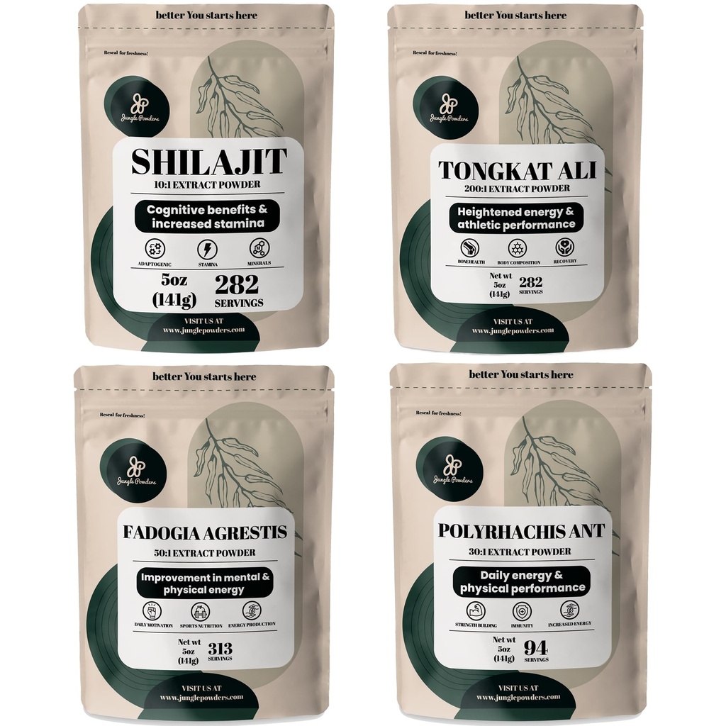 Σκόνες Ζούγκλας Βότανο Σκόνες Bundle - Shilajit σκόνη, Tongkat Ali για άνδρες σκόνη, μαύρο εκχύλισμα μυρμηγκιών σκόνη, Fadogia Agrestis εκχύλισμα για άνδρες συμπλήρωμα