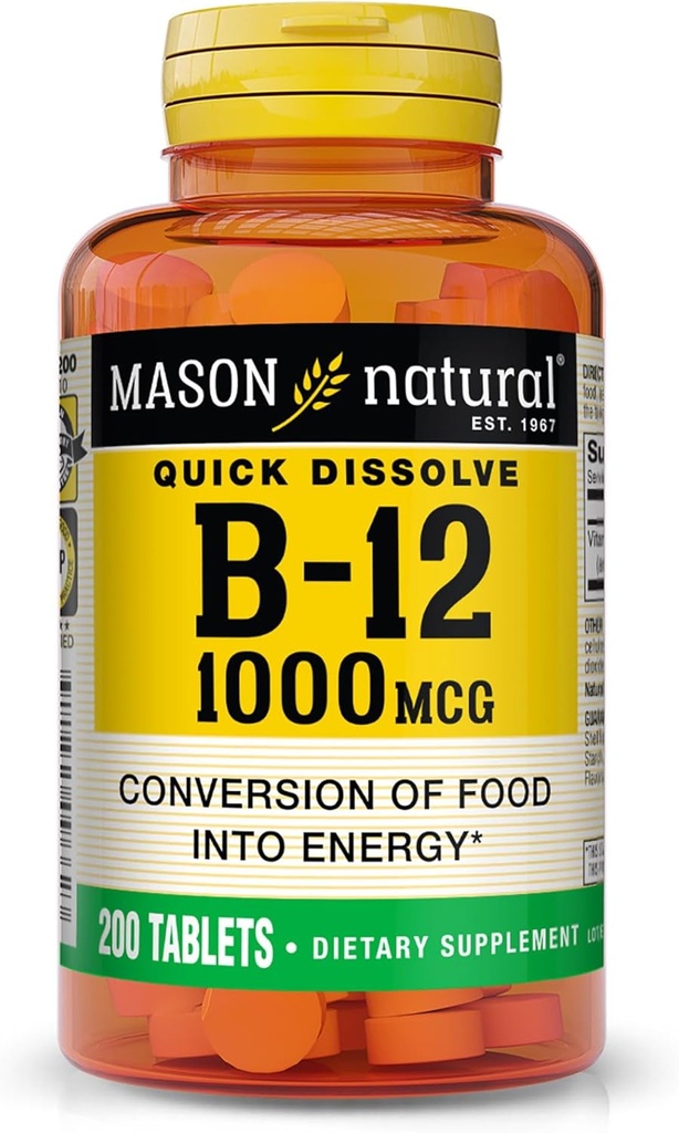 MASON NATURAL B12 1000 mcg Γρήγορη Διαλύστε τα δισκία για υγιή μετατροπή των τροφίμων σε ενέργεια, 200 Ημέρα προσφοράς