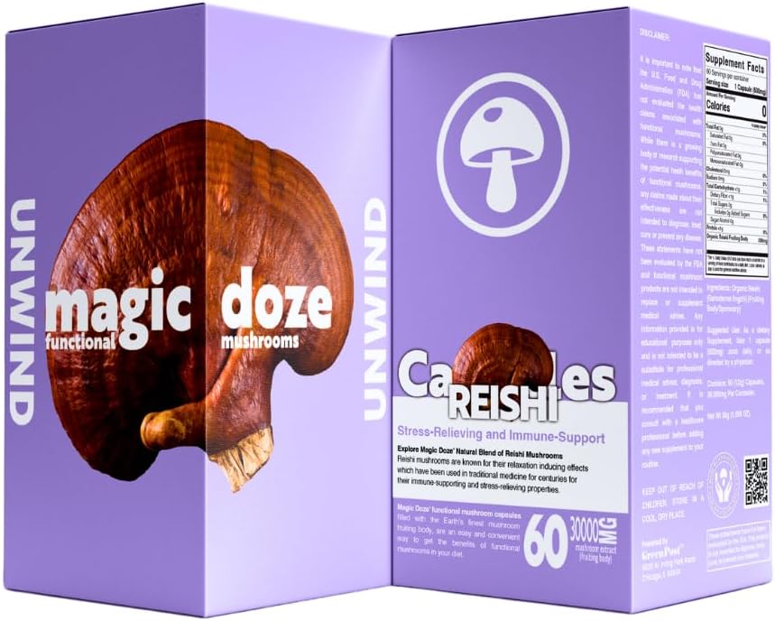 Magic DozeTM Reishi Mushroom Supplement Capsules - 60 Count, Unwind, Herbal Supplement, Stress Relief, Immune Support, Vegan, Organic Reishi Ingredient