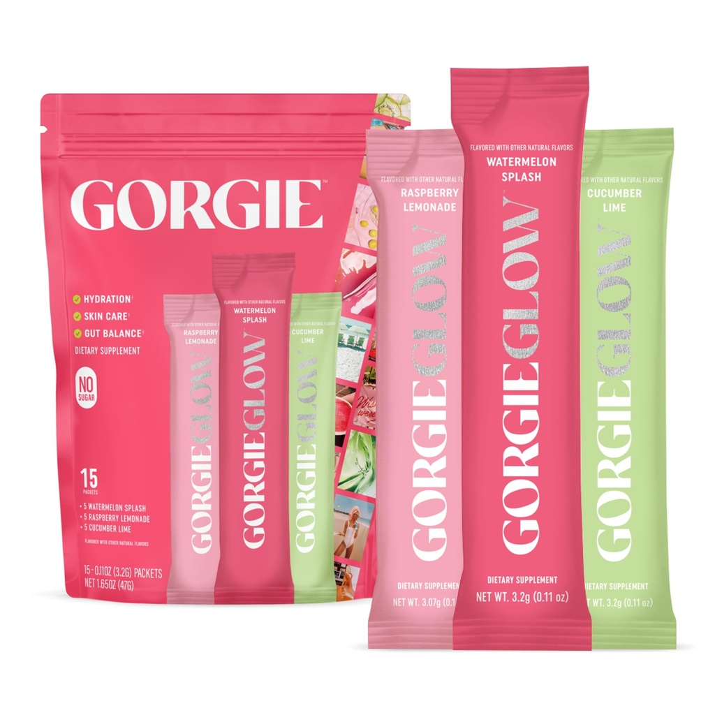 GORGIE Glow Variety Pack 15 Sticks, Ηλεκτρολυτική σκόνη Υγιεινό ποτό Mix, w/Hyaluronic Acid, Aquamin, Βιταμίνη C & D, Προβιοτικά, Χωρίς ζάχαρη, Αντιοξειδωτικά για την ενυδάτωση, φροντίδα του δέρματος, και ισορροπία των ούλων