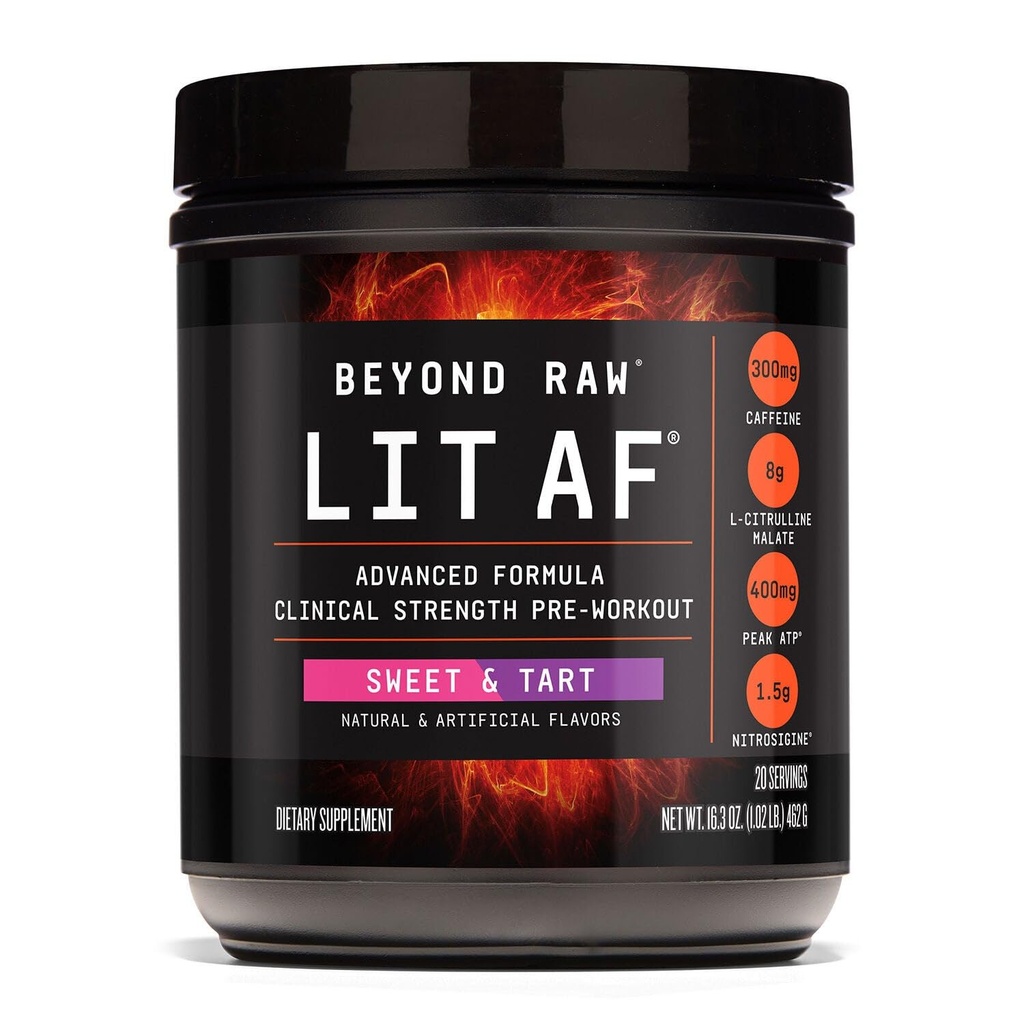BEYOND RAW LIT Advanced Pre Workout Formula, Sweet and Tart, for Energy, Focus, Endurance, Pumps, with 300mg Rapid and Targeted Release Caffeine, Creatine, Betaine, Beta Alanine, Taurine, 20 Services