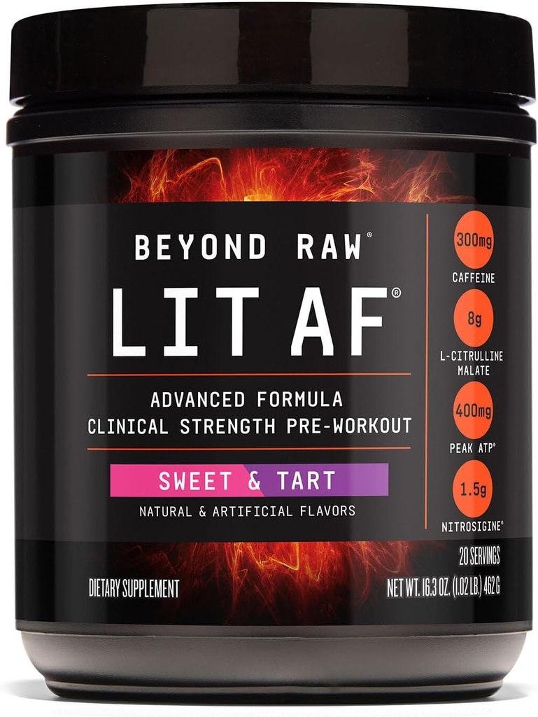 BEYOND RAW LIT Advanced Pre Workout Formula, Sweet and Tart, for Energy, Focus, Endurance, Pumps, with 300mg Rapid and Targeted Release Caffeine, Creatine, Betaine, Beta Alanine, Taurine, 20 Servings