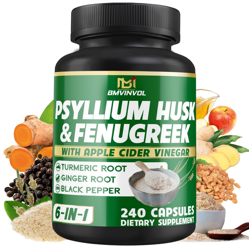 BMVINVOL Psyllium Husk Fiber Supplement with Fenugreek, Apple Cider Vinegar, Turmeric, Ginger, Black Pepper-Digestion Health Support - 240 Κάψουλες
