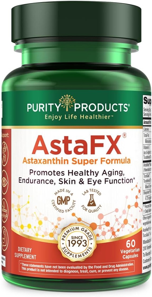 Προϊόντα καθαρότητας AstaFX Astaxanthin Antioxidant Super Formula από Clinically Tested 4 mg AstaREAL με τοκοτριενόλες (Vitamin E) + BioPerine Black Pepper + Piperine - 60 Vegetarian Caps
