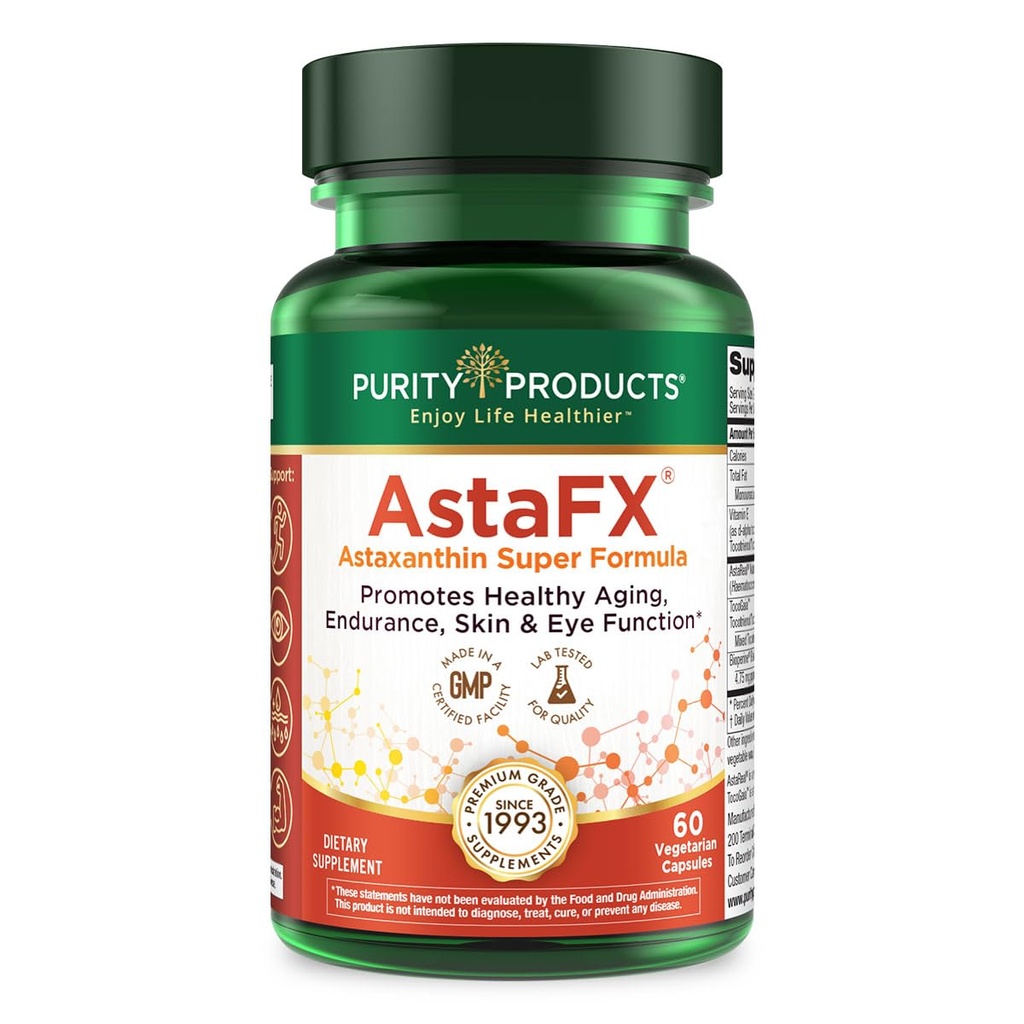 Προϊόντα καθαρότητας AstaFX Astaxanthin Antioxidant Super Formula από Clinically Tested 4 mg AstaREAL με τοκοτριενόλες (Vitamin E) + BioPerine Black Pepper + Piperine - 60 Vegetarian Caps