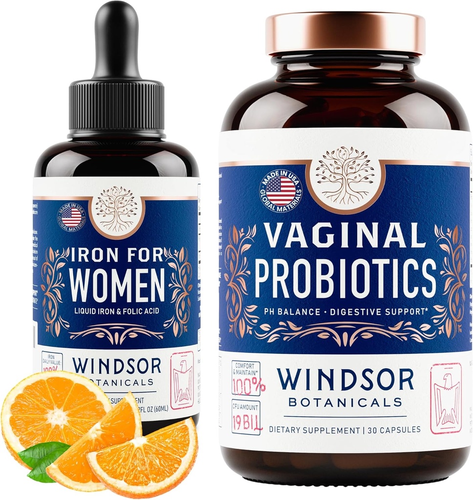 WINDSOR BOTANICALS Κολπικά προβιοτικά και υγρό συμπλήρωμα σιδήρου Γυναικείο πακέτο υποστήριξης υγείας