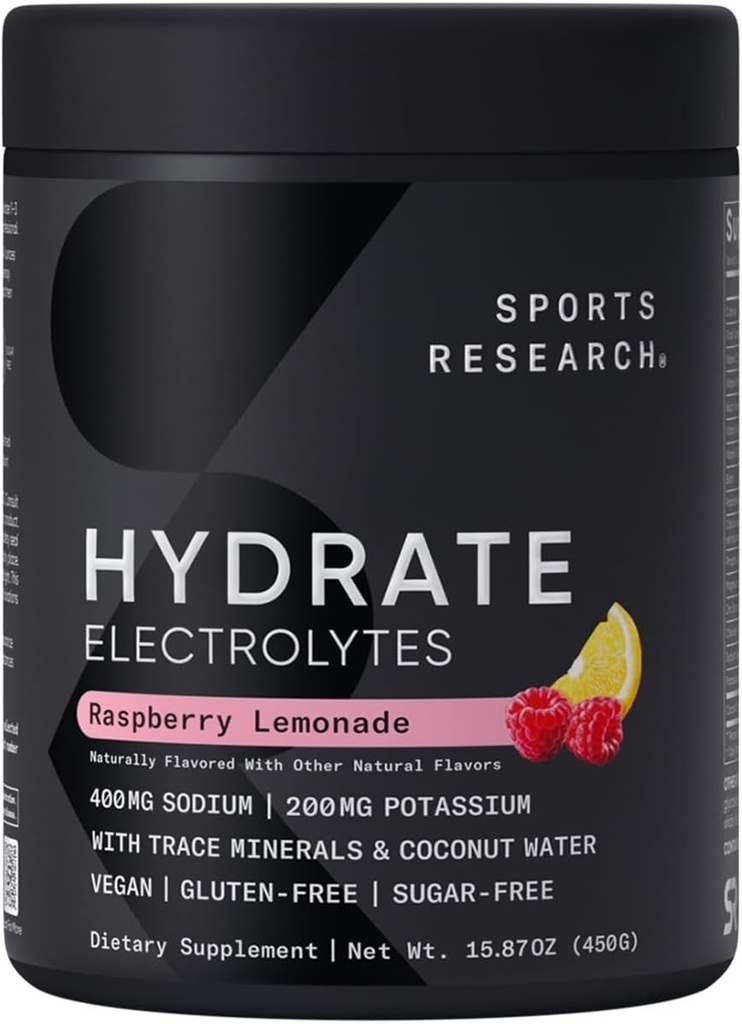 Sports Research® Hydrate Electrolytes Powder - Sugar-Free & Φυσικά Γεύση με Βιταμίνες, Ορυκτά και Νερό καρύδας - Υποστηρίζει Ενυδάτωση - Λεμονάδα Βατόμουρο - 90 Σερβιέτες