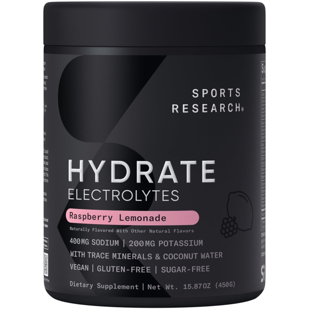 Sports Research® Hydrate Electrolytes Powder - Sugar-Free & Φυσικά Γεύση με Βιταμίνες, Ορυκτά και Νερό καρύδας - Υποστηρίζει Ενυδάτωση - Λεμονάδα Βατόμουρο - 90 Σερβιέτες