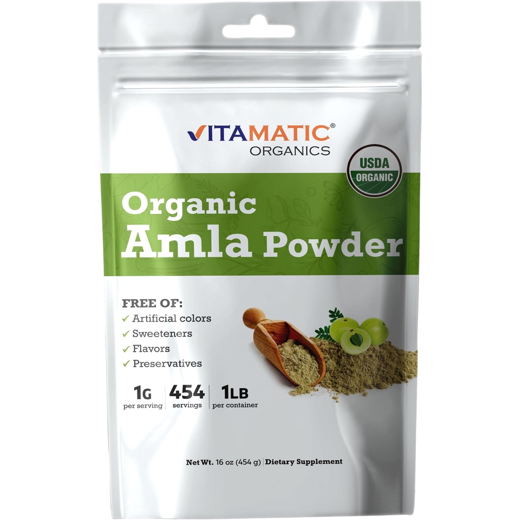 Vitamatic Certified USDA Organic Amla Berry Powder – 1 lb (16 oz) Amalaki | Rich in Natural Vitamin C & Antioxidants | Supports Immune Health | Gluten-Free, Non-GMO, Kosher