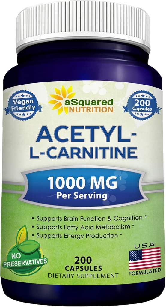 aSquared Nutrition Acetyl L-Carnitine 1000mg Max Strength - 200 Veggie Capsules - High Dosage Acetyl L Carnitine HCL (ALCAR) Supplement Pills to Support Pure Energy, Brain Function & Fatty Acid