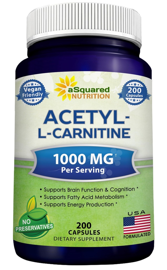 aSquared Nutrition Acetyl L-Carnitine 1000mg Per Serving Max Strength - 200 Veggie Capsules - High Dosage Acetyl L Carnitine HCL (ALCAR) Supplement Pills to Support Pure Energy, Brain Function