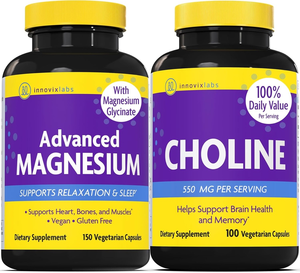 InnovixLabs Choline & Magnesium Bundle Choline Bitartrate 550mg (100 Capsules) Advanced Magnesium (150 Capsules). Supports Memory, Mood, Brain Health & Boost Cognitive.*
