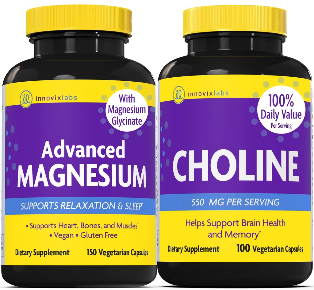 InnovixLabs Choline & Magnesium Bundle Choline Bitartrate 550mg (100 Capsules) Advanced Magnesium (150 Capsules). Supports Memory, Mood, Brain Health & Boost Cognitive.*