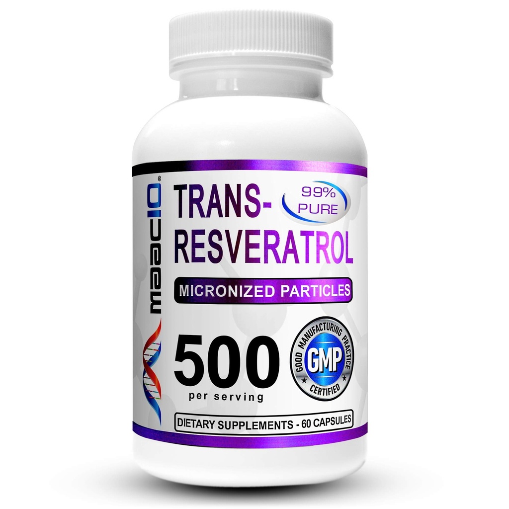MAAC10 Trans Resveratrol 500mg συμπλήρωμα (Micronized Pharmaceutical Grade 99% Pure Trans-Resveratrol Extract + BioPerine για την ανώτερη απορρόφηση) (2X 250mg κάψουλες 60ct)