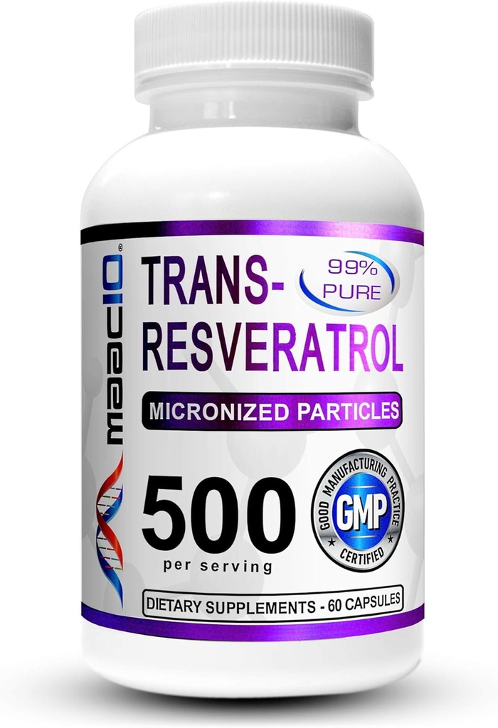 MAAC10 Trans Resveratrol 500mg συμπλήρωμα (Micronized Pharmaceutical Grade 99% Pure Trans-Resveratrol Extract + BioPerine για την ανώτερη απορρόφηση) (2X 250mg κάψουλες 60ct)