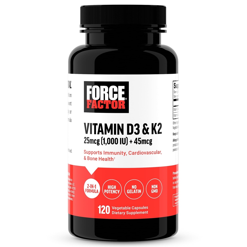 FORCE FACTOR Βιταμίνη D3 K2 για την υποστήριξη της ανοσίας, της υγείας της καρδιάς, της υποστήριξης των οστών, και περισσότερο, υψηλής ισχύος 2-σε-1 Formula, Vegan, Όχι Ζελατίνη, μη ΓΤΟ, 120 κάψουλες