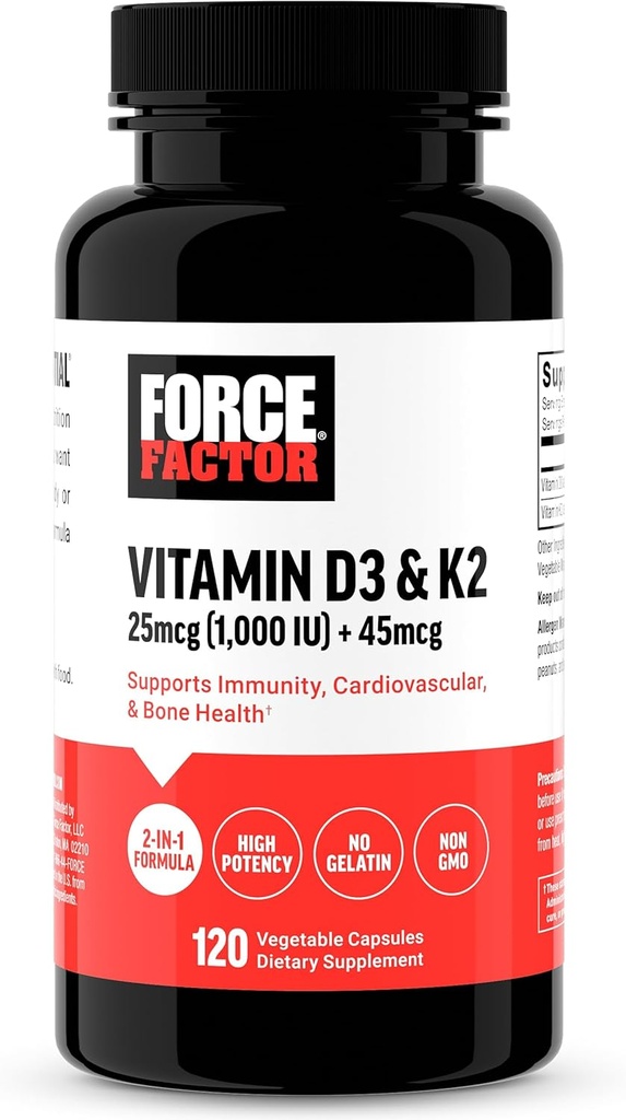 FORCE FACTOR Βιταμίνη D3 K2 για την υποστήριξη της ανοσίας, της υγείας της καρδιάς, της υποστήριξης των οστών, και περισσότερο, υψηλής ισχύος 2-σε-1 Formula, Vegan, Όχι Ζελατίνη, μη ΓΤΟ, 120 κάψουλες