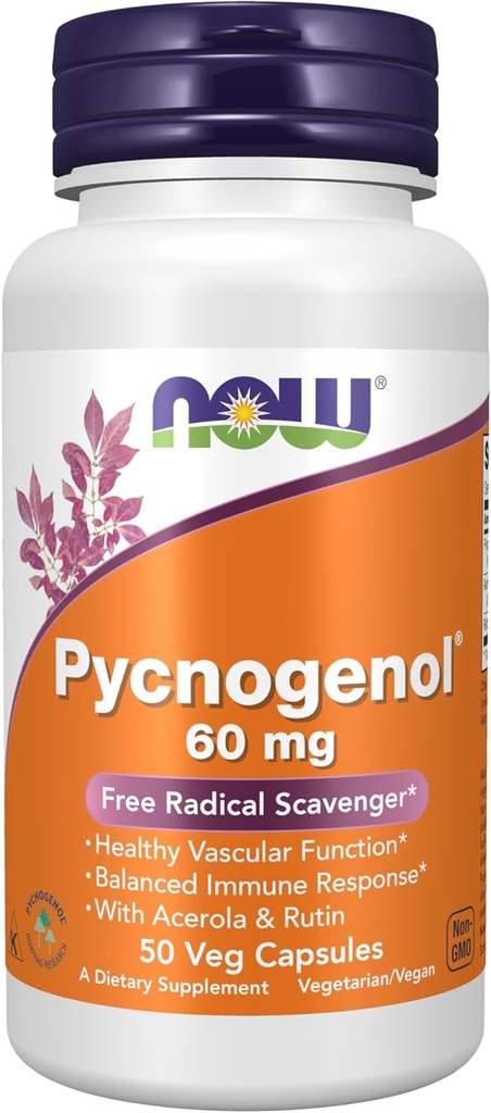 NOW Συμπληρώματα Τροφίμων, Pycnogenol 60 mg (ένα Μοναδικό Combo Προανθοκυανιδίνης από το Γαλλικό Ναυτιλιακό Πεύκο) με Acerola & Rutin σκόνη, 50 κάψουλες Veg