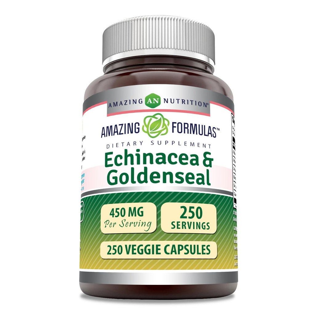 Amazing Formulas Echinacea with Goldenseal Supplement | 450 Mg | Veggie Capsules | Non-GMO | Gluten Free | Made in USA (1 Pack, 250 Count)