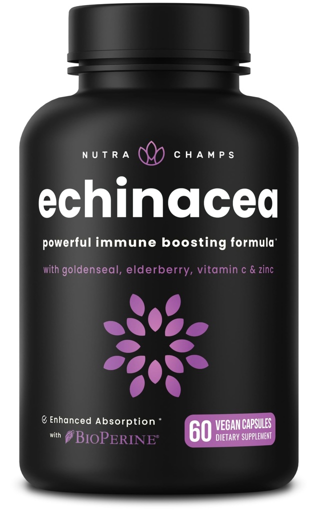 NutraChamps Echinacea Κάψουλες 1000mg - 8-σε-1 Συμπλήρωμα Ανοσολογικής Υποστήριξης - Echinacea Goldenseal, Βιταμίνη C, Ψευδάργυρος, Ginger, Elderberry - 60 Κάψουλες