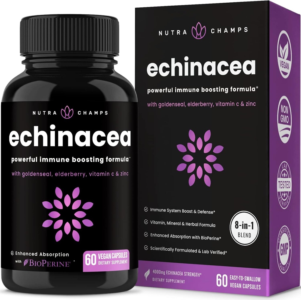 NutraChamps Echinacea Capsules 1000mg - 8-in-1 Immune Support Supplement - Echinacea Goldenseal, Vitamin C, Zinc, Ginger, Elderberry - 60 Capsules