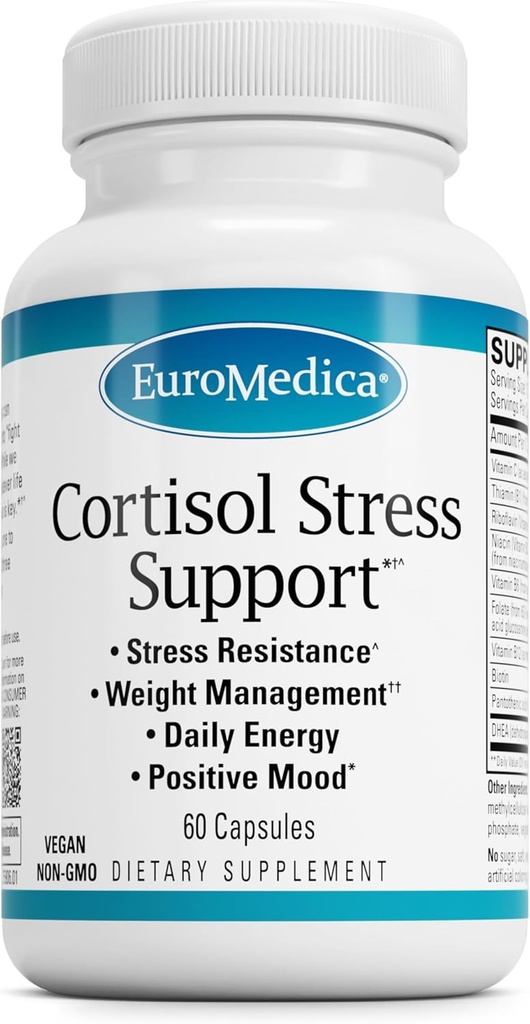EuroMedica Cortisol Stress Support - Daily Energy Supplement with DHEA - Vegan Capsules with Vitamin B2 & C - Dietary Supplement for Immune System Support - 60 Capsules