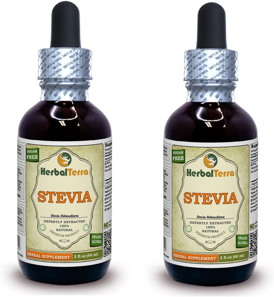 Stevia (Stevia Rebaudiana) Βάμμα, Βιολογικά Αποξηραμένα Φύλλα Υγρό Εκχύλισμα (Όνομα: HerbalTerra, Περήφανα Κατασκευασμένο στις ΗΠΑ) 2x2 fl.oz (2x60 ml)