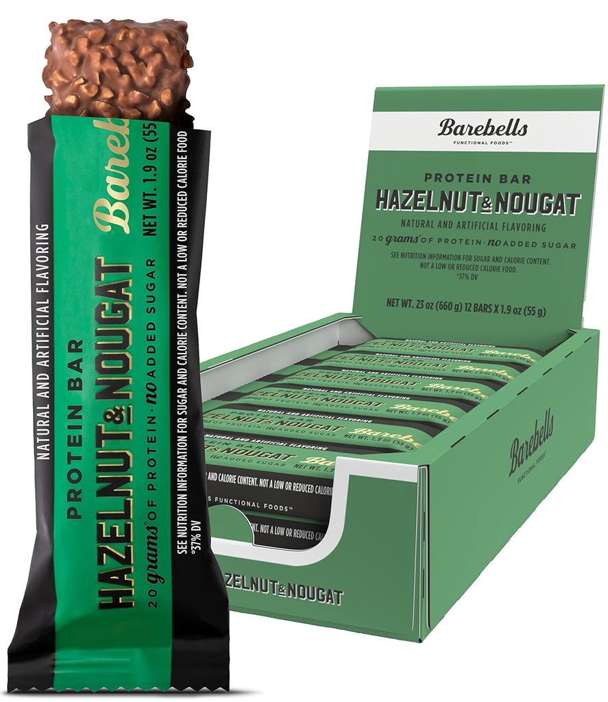 Bars Hazelnut & Nugat - 12 Count, 1.9oz Bars - Σνακ πρωτεϊνών με 20g υψηλής πρωτεΐνης - Σοκολάτα Protein Bar με 1g Total Sugars - On The Go Protein Snack & Breakfast Bars