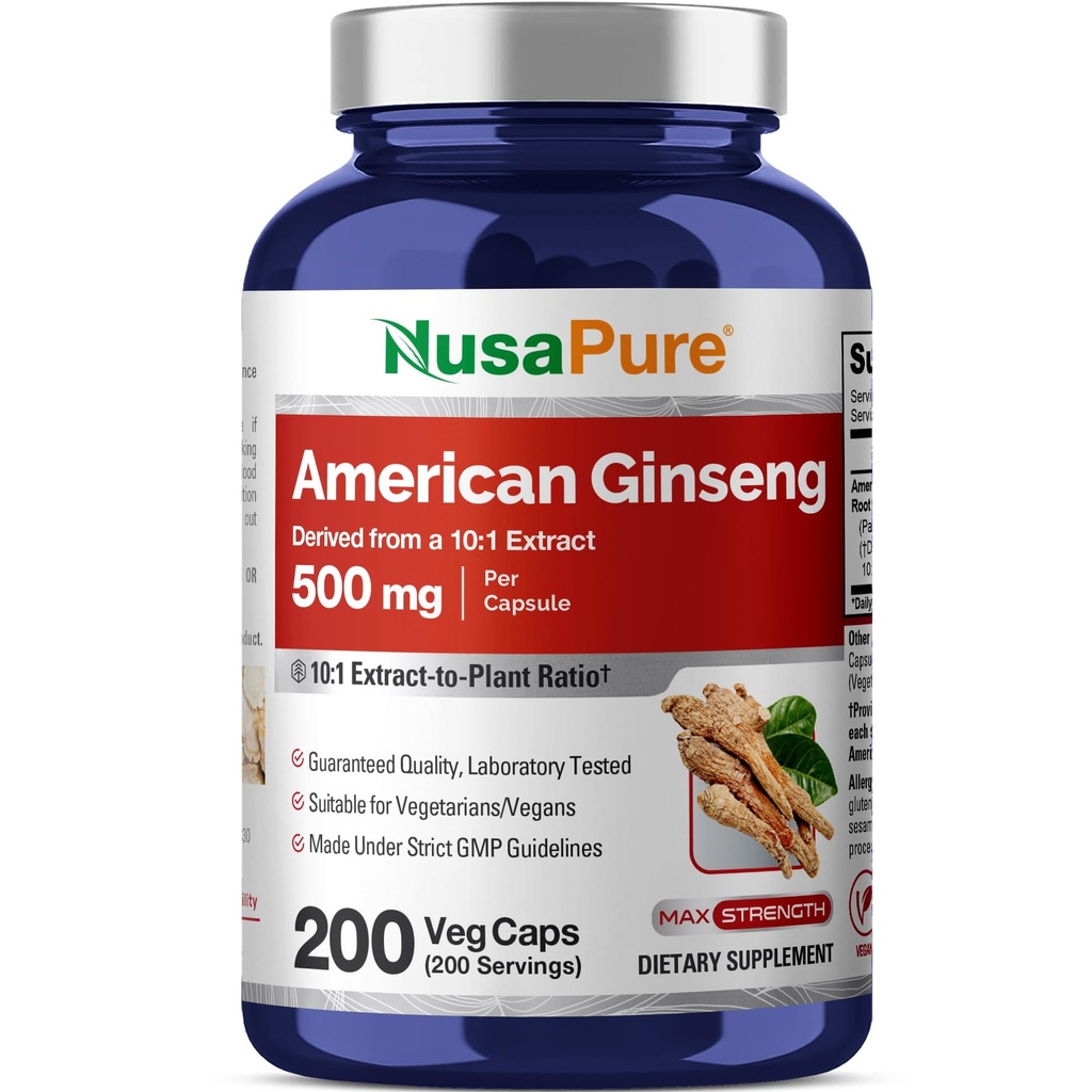 NusaPure American Ginseng 10:1 Extract, 500 mg Ισοδύναμο με 5000mg - 200 κάψουλες Veggie (Χορτοφάγα, μη ΓΤΟ, Vegan)