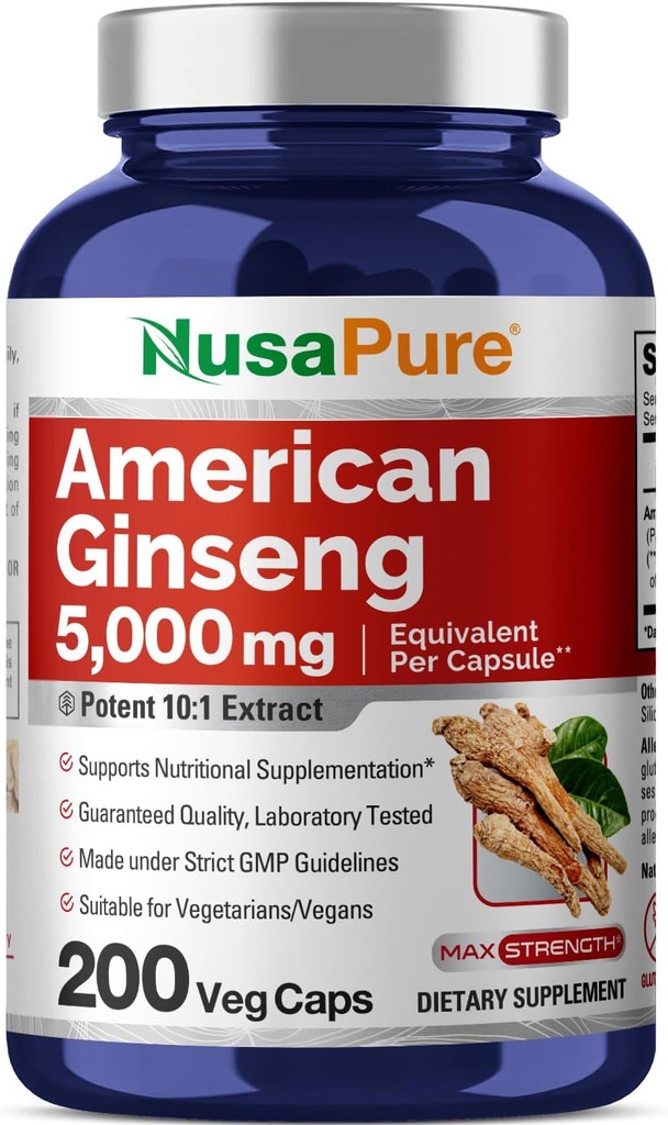 NusaPure American Ginseng 10:1 Extract, 500 mg Ισοδύναμο με 5000mg - 200 κάψουλες Veggie (Χορτοφάγα, μη ΓΤΟ, Vegan)