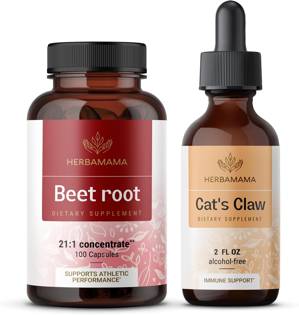 HERBAMAMA Beet Root and Cat's Claw Kit - Bundle of 21:1 Concentrate Beet Root and Cat's Claw Tincture 2 fl oz - Vegan, Non-GMO, Sugar & Alcohol-Free - 2 Pack