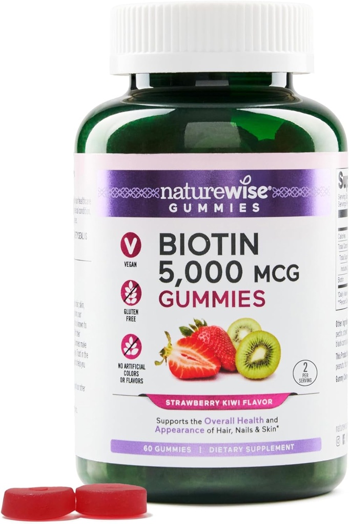 NatureWise Biotin Gummies - Υποστηρίζει υγιή μαλλιά, δέρμα και ισχυρά νύχια - βιταμίνη B7 5000mcg - Φυσική ομορφιά - Φράουλα-Kiwi Γεύση - Vegan, μη-GMO, Χωρίς γλουτένη - 60 Count[30 Day Supply]