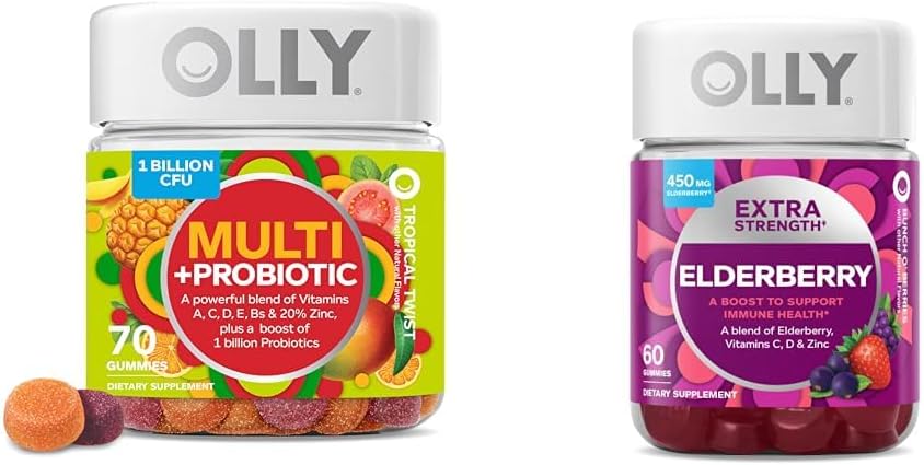 OLLY Adult Multivitamin Gummy with Probiotics, 1 Billion CFUs, 70 Count and Extra Strength Elderberry Gummies, Immune Support, 450mg, 60 Count