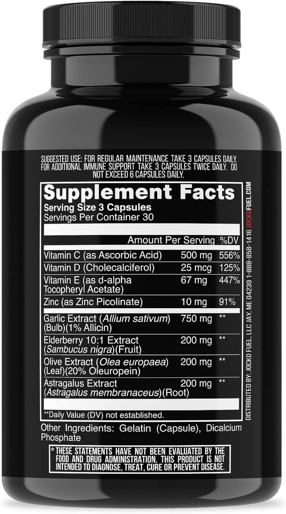 Jocko Fuel Immune Support Supplement - Βατόμουρο με ψευδάργυρο & βιταμίνη C για ενήλικες - Ανοσοποιητική άμυνα με βιταμίνη C, D3, Superfoods, Βότανα, & Ορυκτά (90 κάψουλες)