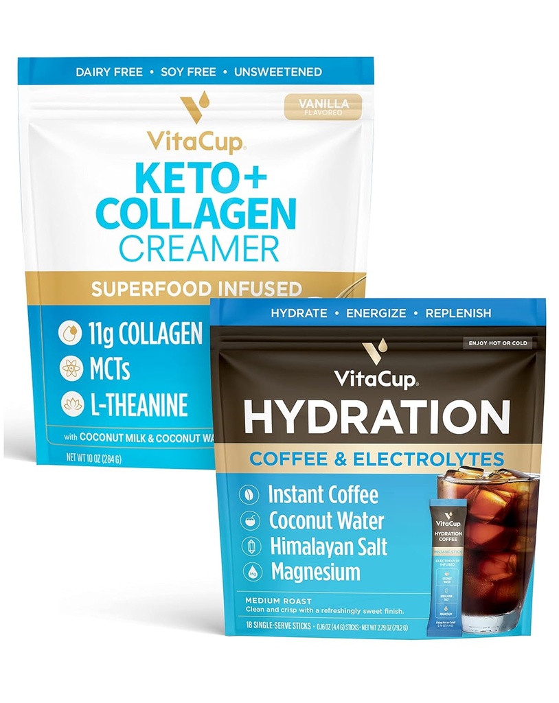 VitaCup Hydration Instant Coffee Sticks w/Electrolytes, Coconut Water, Medium Roast 18ct & Keto + Collagen Vanilla Coffee Creamer w/Superfoods & MCTs, 10 oz