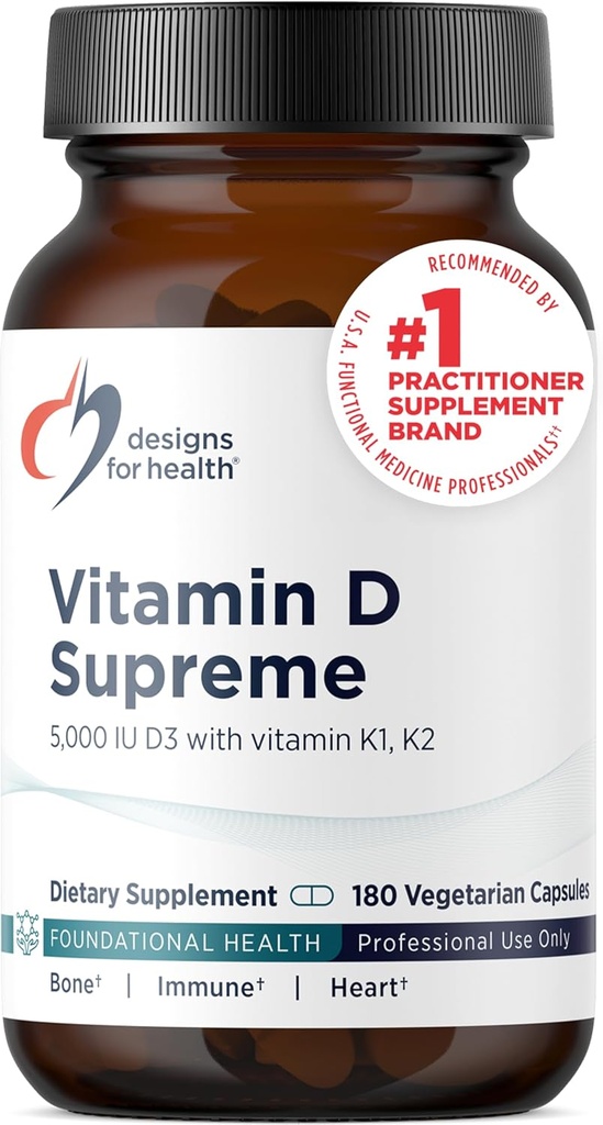 Σχέδια για την υγεία Βιταμίνη D Supreme - Βιταμίνη D 5000 IU με 2000mcg Βιταμίνη K ως MK4 για την υγεία των οστών, την υγεία της καρδιάς, Mood & ανοσοποιητική υποστήριξη - Βιταμίνη D3 Ενισχυμένη με συμπλήρωμα GG (180 κάψουλες)