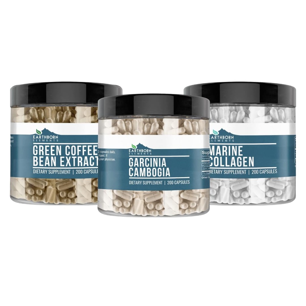 Earthborn Στοιχεία Garcinia Cambogia, Πράσινο Coffee Bean, & Marine Collagen Bundle (200 κάψουλες το καθένα), καθαρό & μη αραιωμένο, χωρίς πρόσθετα