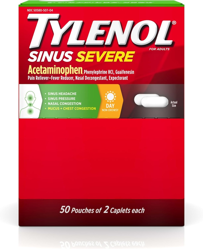 Tylenol Sinus Σοβαρή Ημέρα Caplets με Acetaminophen 325mg, Guaifenesin 200mg & Phenylephrine HCl 5mg, Μη- Νυχθηρός Πόνος Reliever, Προσδοκώμενη & Ρινική Αποσυμφορητική, 50 Travel Packs of 2 ct