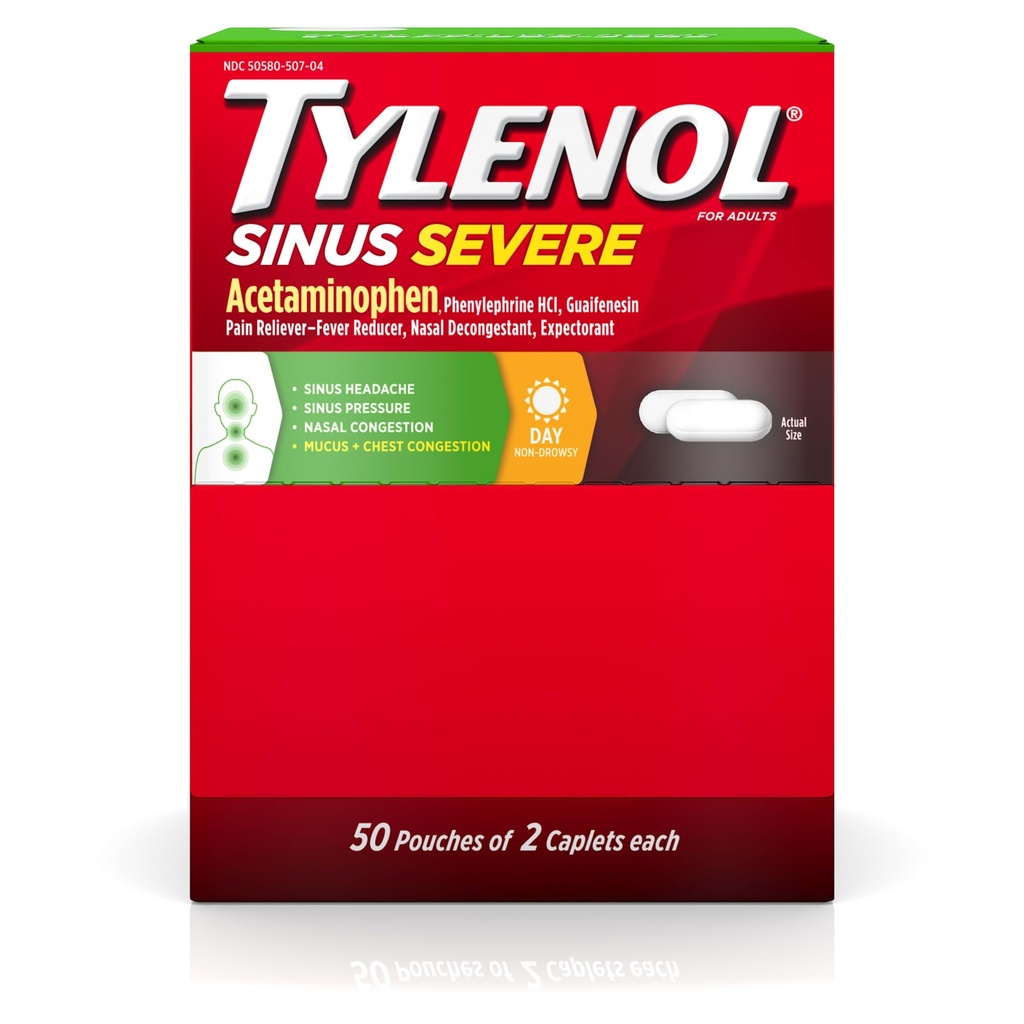 Tylenol Sinus Severe Daytime Caplets with Acetaminophen 325mg, Guaifenesin 200mg & Phenylephrine HCl 5mg, Non-Drowsy Pain Reliever, Expectorant & Nasal Decongestant, 50 Travel Packs of 2 ct