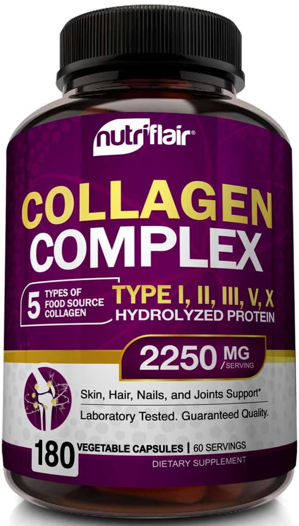 NutriFlair Multi Collagen Peptides 2250mg - Type I, II, III, V, X - Collagen Συμπληρώματα Complex χάπια σκόνης για γυναίκες και άνδρες - Υδρολυμένη πρωτεΐνη, υγιή μαλλιά, δέρμα, νύχια - μη ΓΤΟ (180 κάψουλες)