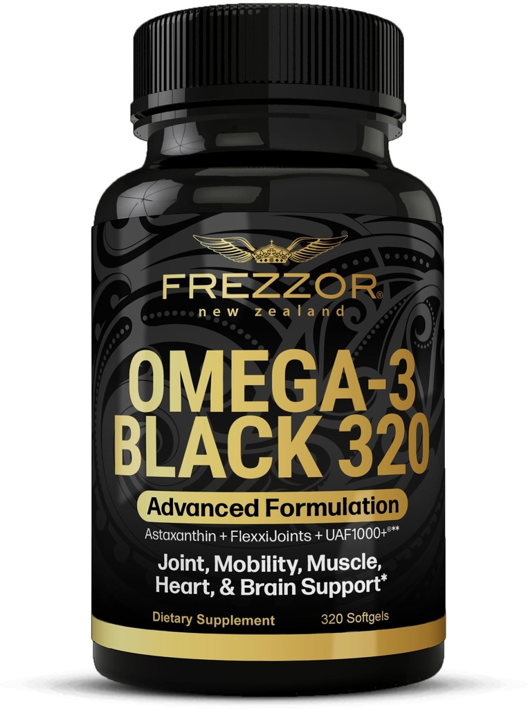 FREZZOR Omega 3 Black - Green Lipped Mussel Oil Capsules, Made in New Zealand, UAF1000+, Joint Care & Relief, Heart & Immune Support, No Fishy Aftertage, 320 Count (Pack of 1)