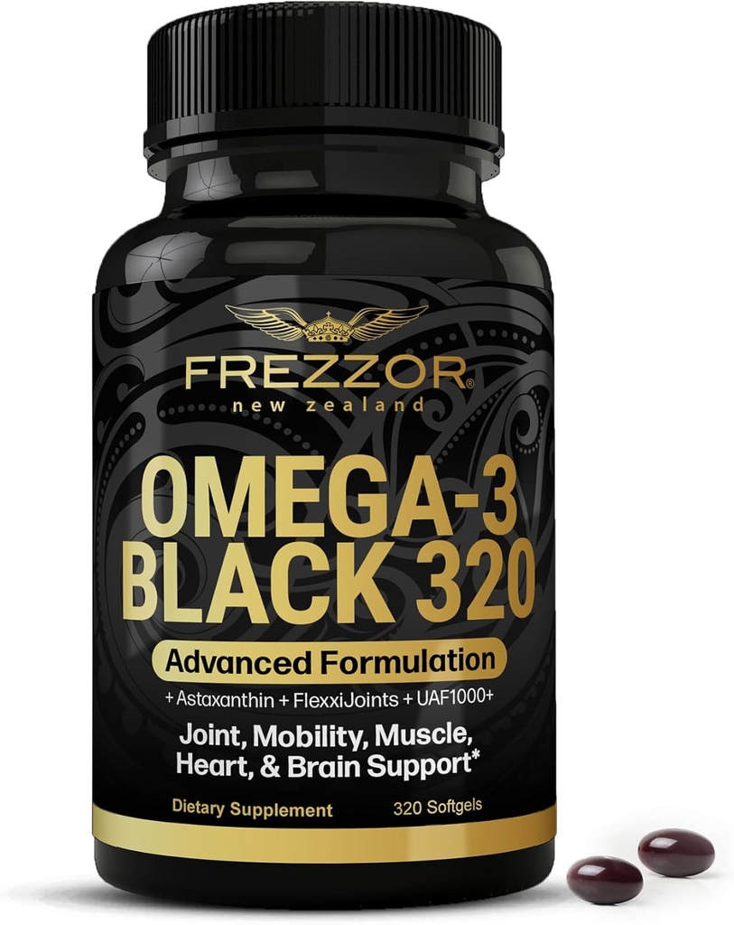 FREZZOR Omega 3 Black - Green Lipped Mussel Oil Capsules, Made in New Zealand, UAF1000+, Joint Care & Relief, Heart & Immune Support, No Fishy Aftertage, 320 Count (Pack of 1)