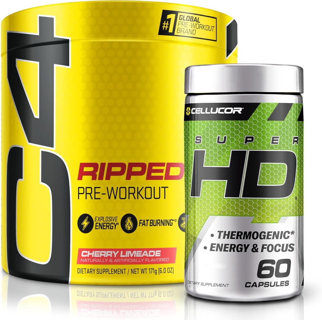 C4 Ripped & SuperHD, The Thermogenic Bundle, C4 Ripped Pre Workout Powder, Cherry Limeade 30 Servings + SuperHD with Capsimax and Green Tea Extract, 60 Servings